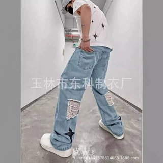 破洞直筒牛仔裤美式潮牌欧美水洗长裤男装高街拼接牛仔时尚