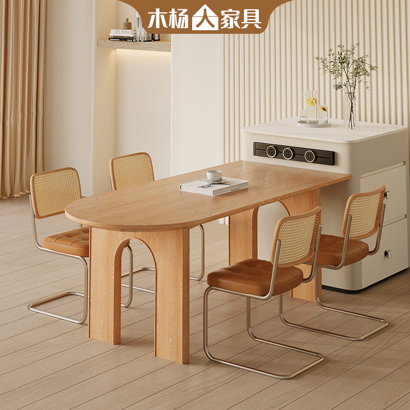 Wooden Yang people solid wood dining table cream style home use ash wood dining table and chair set small apartment half round long table