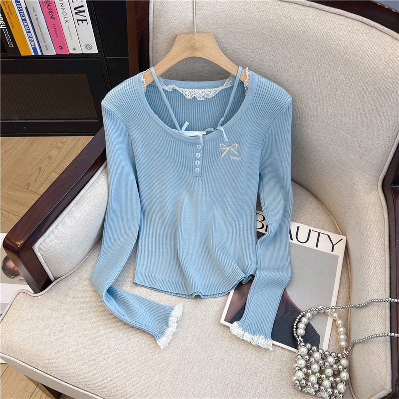 Xiao Xiang Style Bow Christmas Sweater Women's Autumn and Winter Pure Desire Top Fake Two-piece Lace Base Shirt Inner Wearing Outer Wearing