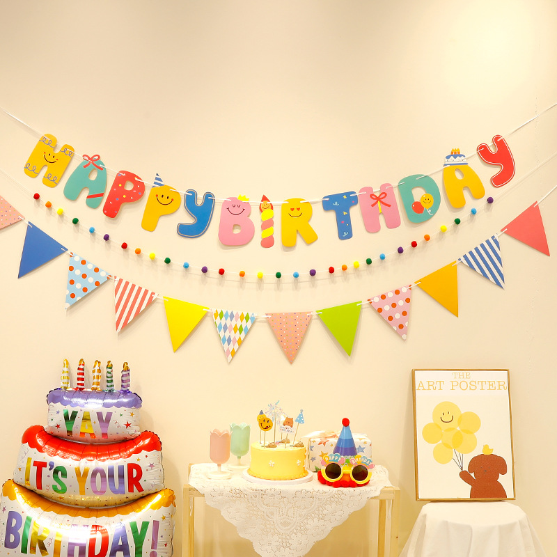 Colorful Happy Birthday Party Decorations Children's Banners Baby Photo Booth Flags Pom Poms And Flag Display for Celebrations_voghion.com