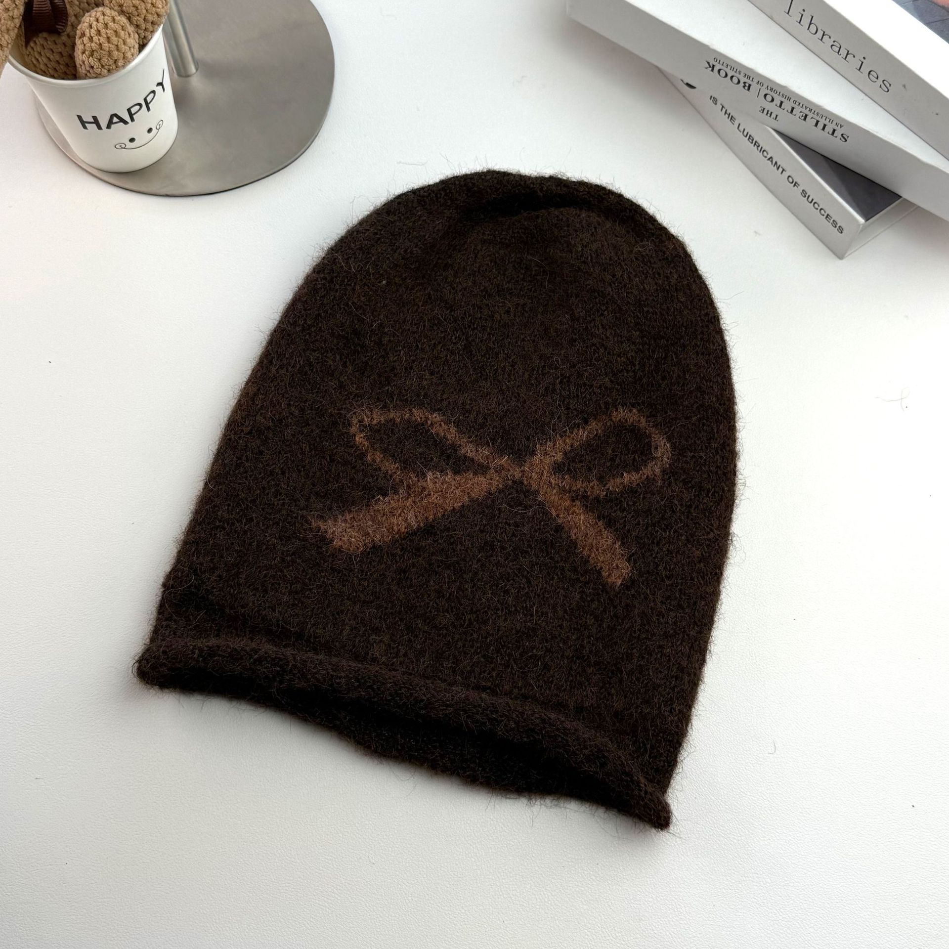 Herbst-Winter-Mütze mit Schleife im koreanischen Stil, schlicht, figurschmeichelnd, aus Wolle gestrickt, für Damen mit großem Kopfumfang, ideal für Outdoor-Aktivitäten_voghion.com