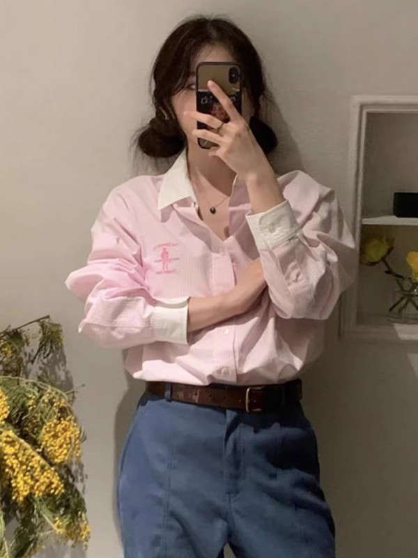 韩国thebarnnet八奶蓝色衬衫女经典条纹休闲百搭打底衬衣叠穿25款|undefined