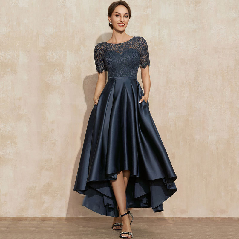 Comercio exterior de Europa y América Amazon AliExpress deseo azul marino satén vestido de bola cuello redondo encaje manga corta vestido de noche