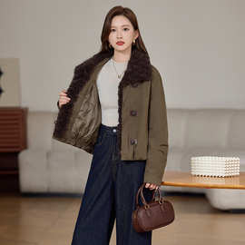 高级感羽绒服女短款派克服2025冬季羊羔毛皮草90白鸭绒韩系厚外套