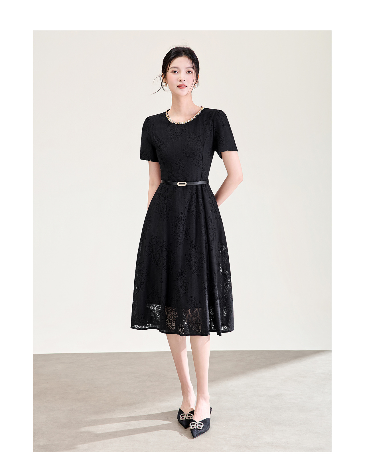 Đầm suông nữ midi thắt eo ren đính đá jacquard chữ A — màu đen chi tiết 12