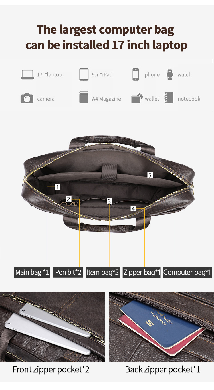 Cặp da nam công sở da bò lớp một, sức chứa lớn, đựng laptop, túi xách tay du lịch cao cấp — Cà phê, màu đen chi tiết 15