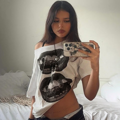 专供跨境欧码棉街头嘴巴上衣美式小众休闲印花百搭嘻哈风短袖女辣