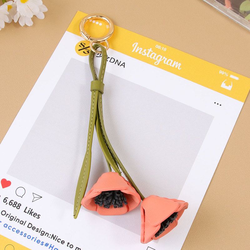 Spring and Summer New Style Fresh Leather Poppy Flower Cute Personalized Bag Charm Car Keychain Versatile Pu Bag Accessory