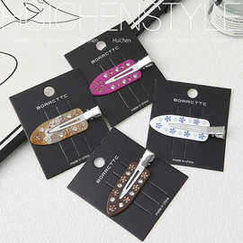 复古感花朵贴钻侧边发夹无痕夹大理石纹法式醋酸鸭嘴夹发卡发饰