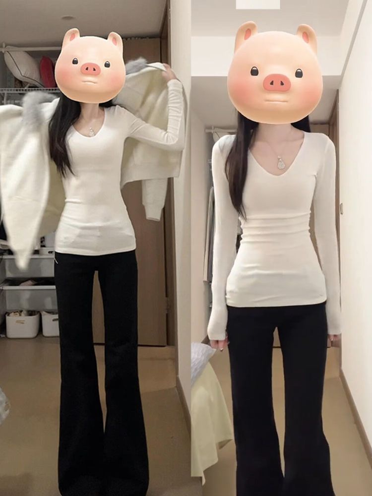 Korean Style White V-Neck Top Long-Sleeved T-Shirt for Women in Spring, Autumn and Winter Slimming Look and High-End German Velvet Inner Layering Shirt Trendy