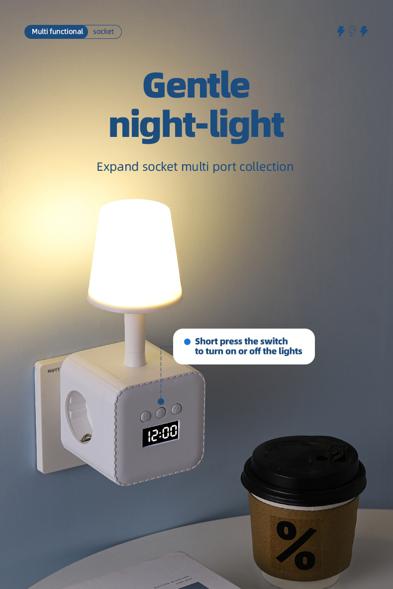 European Standard USB Cube Socket With Night Light/time Display/converter, Compact Multi-functional Power Strip For Home_voghion.com