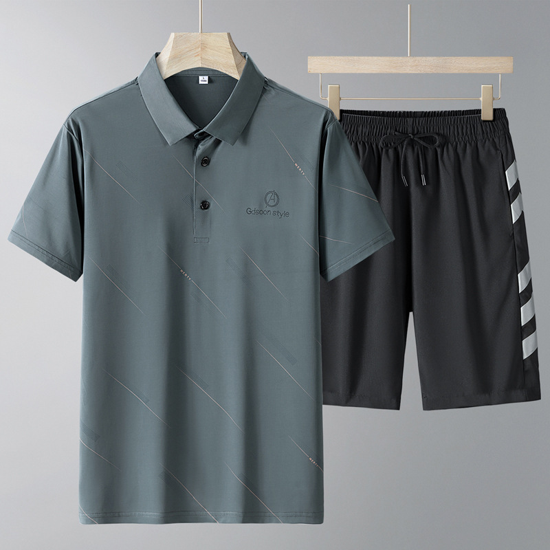 Verano papá traje casual hombre de mediana edad hielo solapa polo camisa hombre mangas cortas pantalones cortos secos rápidos hombre dos piezas set
