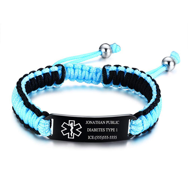 Black electroplated bracelet Diabetic Type1 patient information lettering bracelet medical first aid woven bracelet