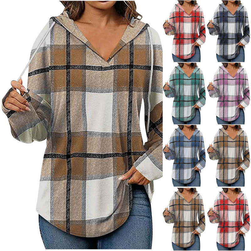 European and American Cross-border 2024 Hooded Pullover V-Neck Wool Unpositioned Drawstring Casual Plaid Long-sleeved Shirt for Women