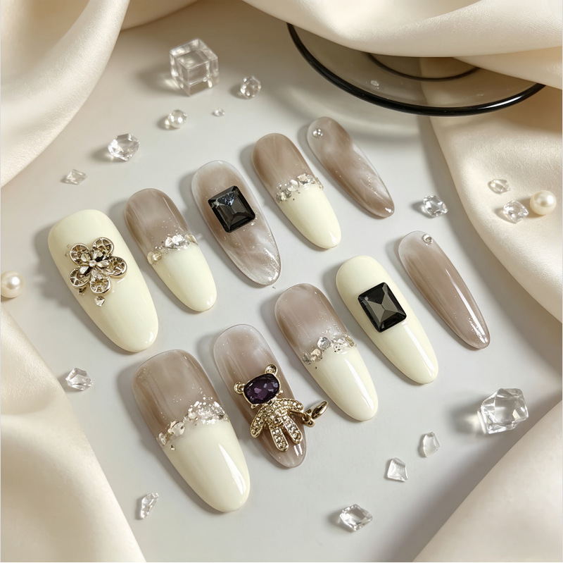 Yogurt white French sequin bear nail art, fashionable, elegant, simple, pure and desirable, ins-style, purely handmade press-on nails Yogurt white French sequin bear nail art, fashionable, elegant, simple, pure and desirable, ins-style, purely handmade press-on nails