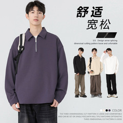 可二开春秋季新款男士宽松日系复古纯色半拉链舒适休闲长袖卫衣