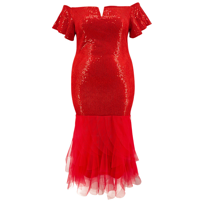 Elegant Plus Size Evening Dress In Red With Sequin Mesh Details_voghion.com