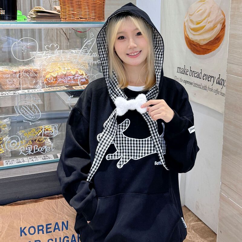 设计感小众刺绣格子连帽卫衣女2025新款早秋季薄款宽松慵懒风上衣|undefined