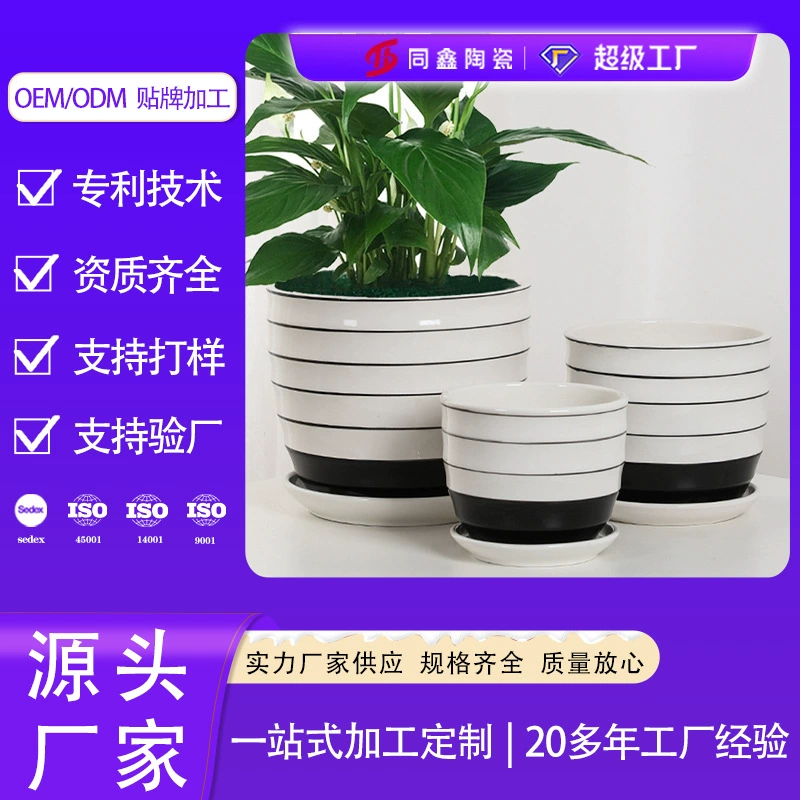 TX84058 Black Line Tongxin керамический цветочный горшок простой креативный большой набор поднос с тремя ремнями зеленый горшок