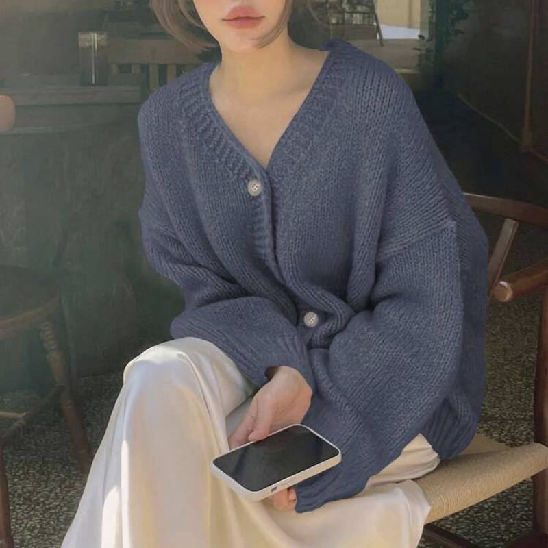 针织开衫女2025秋冬新款休闲宽松V领灯笼袖针织衫上衣套头毛衣女|undefined