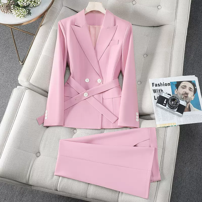 设计感收腰西装套装女秋季2025新款修身气质西服微喇叭裤职业装