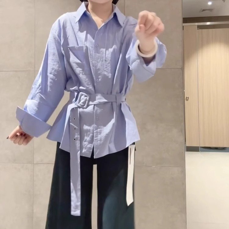 蓝色长袖衬衫外套女宽松慵懒风2025新款收腰系带防晒衬衣休闲百搭|undefined
