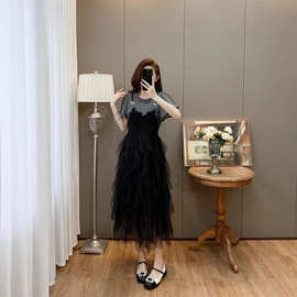 t恤拼接网纱连衣裙女装2026新款假两件蛋糕裙遮肉显瘦吊带群子