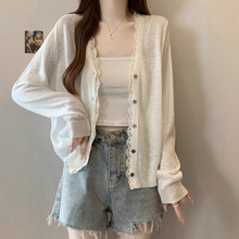 法式蕾丝白色防晒针织开衫女薄款冰丝罩衫外套慵懒风披肩上衣大码