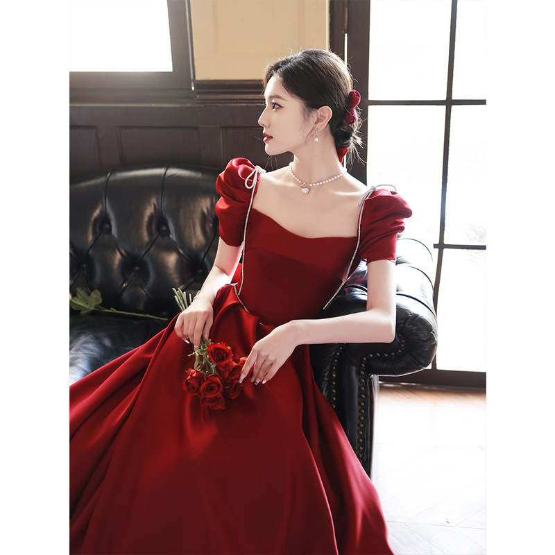 Bride's Toast Dress 2026 Summer New Satin Simple Elegant Gown for Reception with Puff Sleeves Wedding Toast Dress