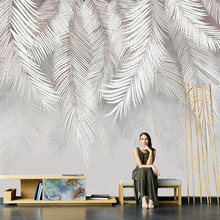 5D现代轻奢手绘棕榈叶子电视背景墙纸壁纸卧室客厅壁画床头壁布