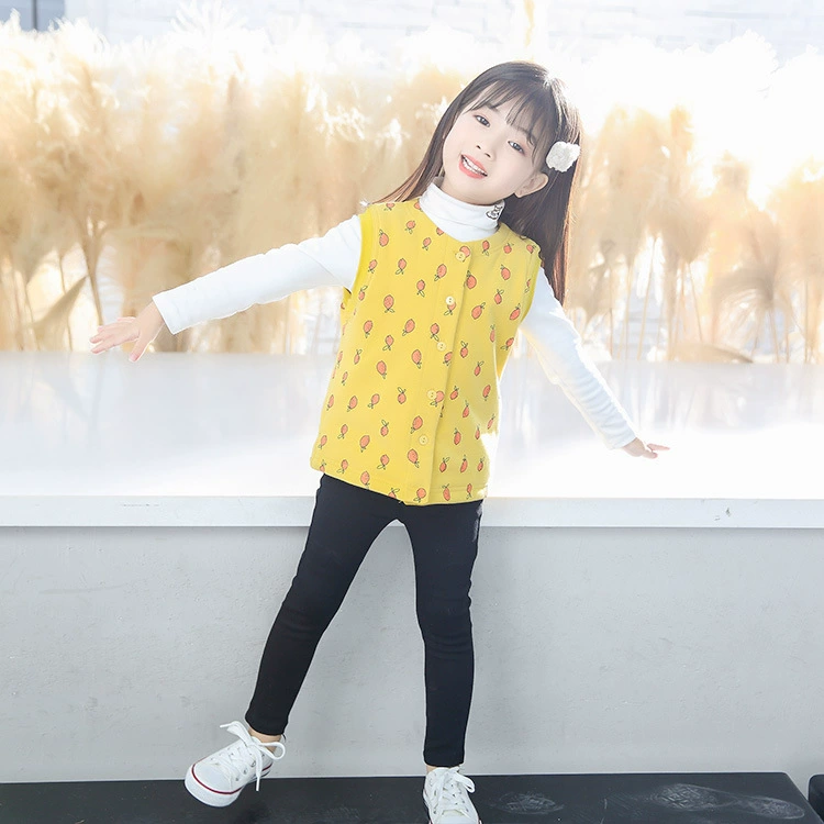 Мода Клубничный Принт Без Рукавов Жилет Шелковый Термобелье Костюм Дети Круглый Шею Мультфильм Тепловой Топ С Длинным Рукавом