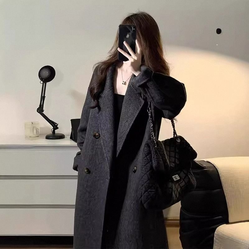 Carbon Black Double-Sided Cashmere Outwear for Women in Autumn and Winter, High-End, Small, Accessible Luxury, Korean Style Hepburn Style Wool Outwear