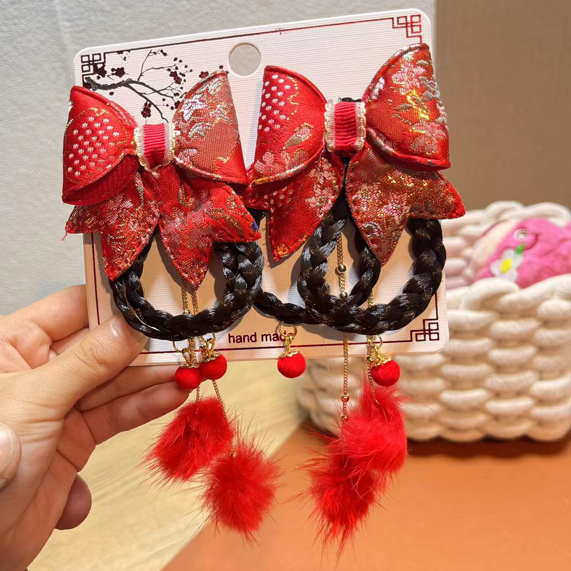 Año Nuevo horquilla accesorios para el cabello de los niños Hanfu estilo antiguo borla arco horquilla niña bebé peluca trenza cabeza Accesorios