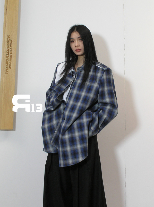 十三行R13 ニッチなデコンストラクトデザインのパッチワークチェック柄シャツミドル丈ジャケット卸売25SS|undefined