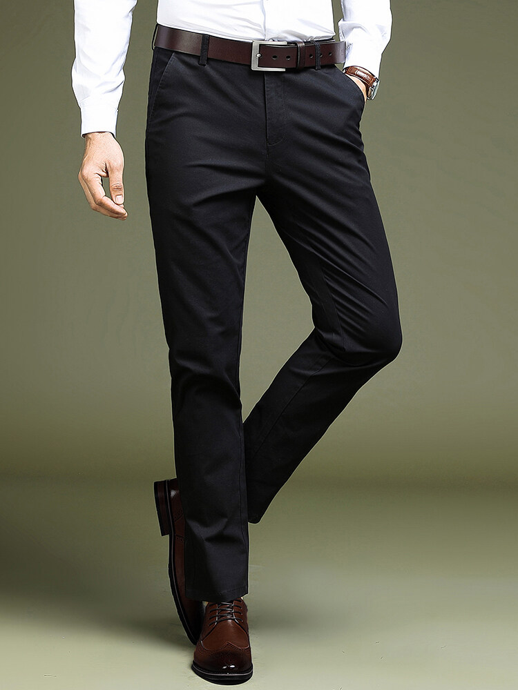 Pantalones de traje casual de algodón para hombres con forro polar slim fit de los hombres de negocios de cercanías rectos sin planchar de color sólido de los hombres pantalones largos