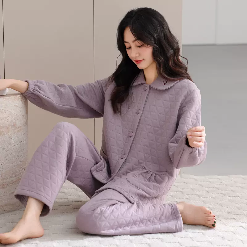 冬季纯棉夹层睡衣女秋冬开衫保暖加厚空气棉可外穿舒适家居服套装