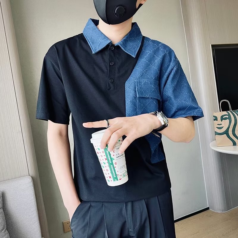 Tendencia 2024 nueva moda social chico verano camiseta de manga corta camiseta masculina bordado camiseta de media manga solapa polo