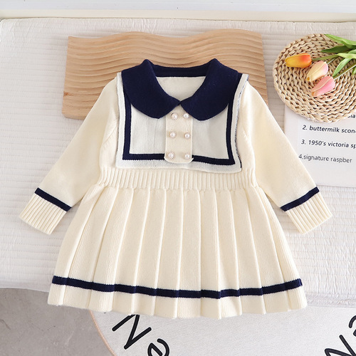 Girls' Navy Collar Knit Dress for Girls Autumn and Winter Korean Style Children's Dress Long Sleeve Pleated Skirt for Babies and Young Children