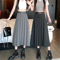 黒とグレーのスカートの女性の夏 2025 新しいハイウエスト痩身ミッドレングスプリーツ A ラインスカート股カバースカート