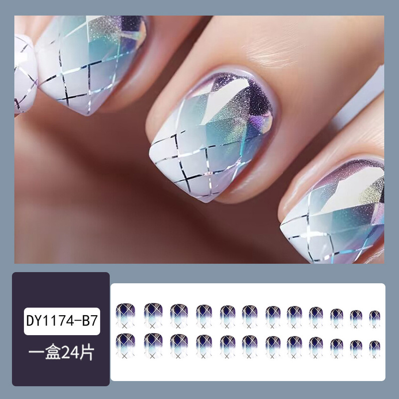 Foreign Trade Gradient Quilted Manicure, Silver Thread Decoration, Blue and Purple Nail Pieces, Geometric Gloss, Whitening Wearable Nails
