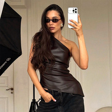 跨境欧美女装2025秋季亚马逊新款纯色无袖单肩斜领拉链T恤上衣女