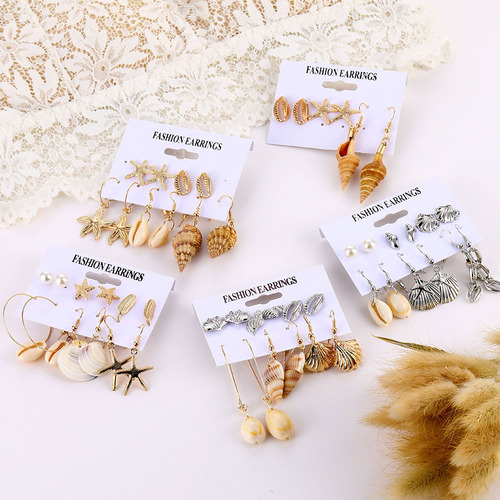 Muse Fashion Gold and Silver Shell Natural Scalloped Earstud Set New Creative Earring Set Cross-border Hot Item MS036