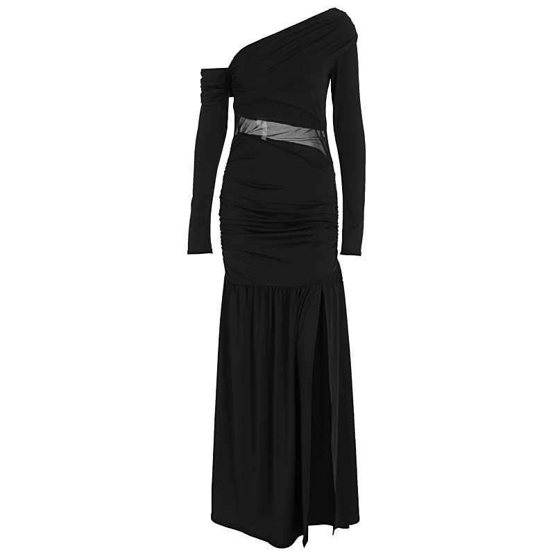 Trendy Elegant Women's One Shoulder Dress Waist Cinched Pleated Split Hem High Waist Slim Summer Spring Fashion Dress_ecoleips.com