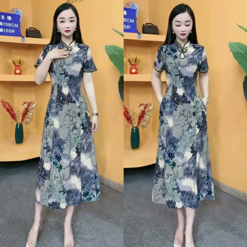 Новое утягивающее твиловое шелковое эластичное атласное платье в китайском стиле для женщин, летняя модифицированная юбка Cheongsam на пуговицах в стиле ретро