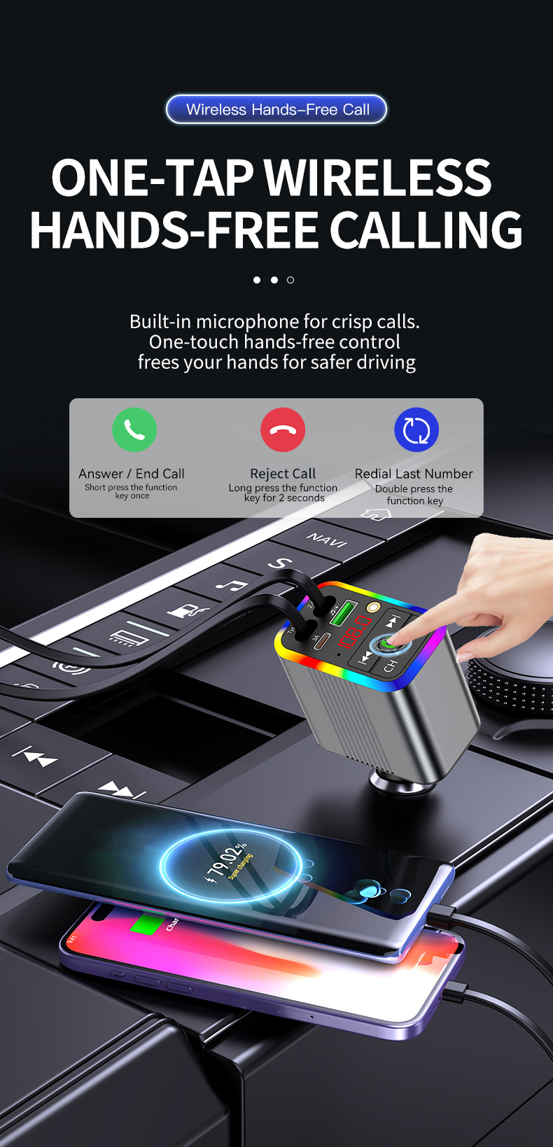 R3 car charger, Bluetooth MP3 receiver, starry sky ambient lighting, built-in retractable cable, fast charging, cross-border supply
