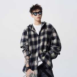 复古撞色情侣衬衣宽松连帽外套秋季男女同款美式潮牌连帽格子衬衫