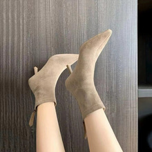 大码4453高跟短靴女2025新款春秋单靴气质尖头细跟绒面弹力瘦瘦靴