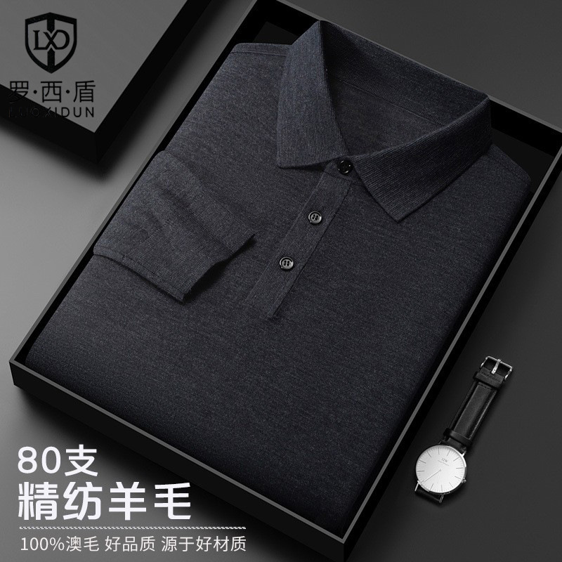 [80-Count Fine-Spun] 100% Merino Wool Polo Shirt, Ultra-Thin Men's Long-Sleeved Sweater, Close-Fitting Wool Sweater for Men