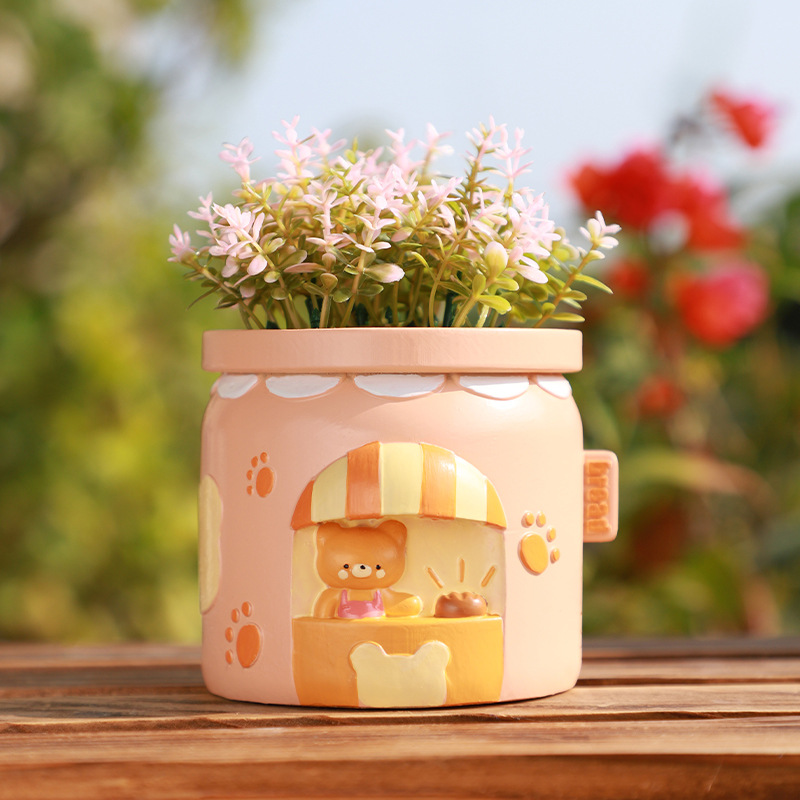 Chậu Cây Resin Chậu cây mọng nước hình cửa hàng đồ ăn hoạt hình resin, chậu mini để bàn, trang trí sân vườn (RG-225)