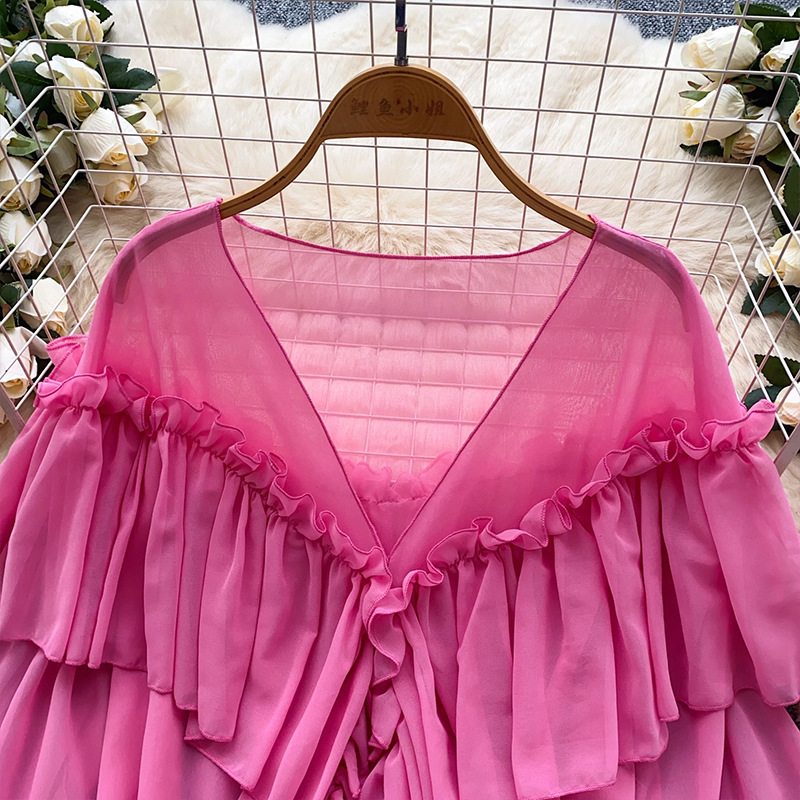 Summer Elegant Lazy Style Socialite Ruffled Trim Flared Sleeve Chiffon Blouse Loose Shirt Women's Clothing Tops_ecoleips.com